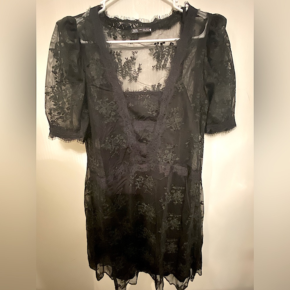 Zara. Medium. Black lace, square neck knee length dress. Like new condition.